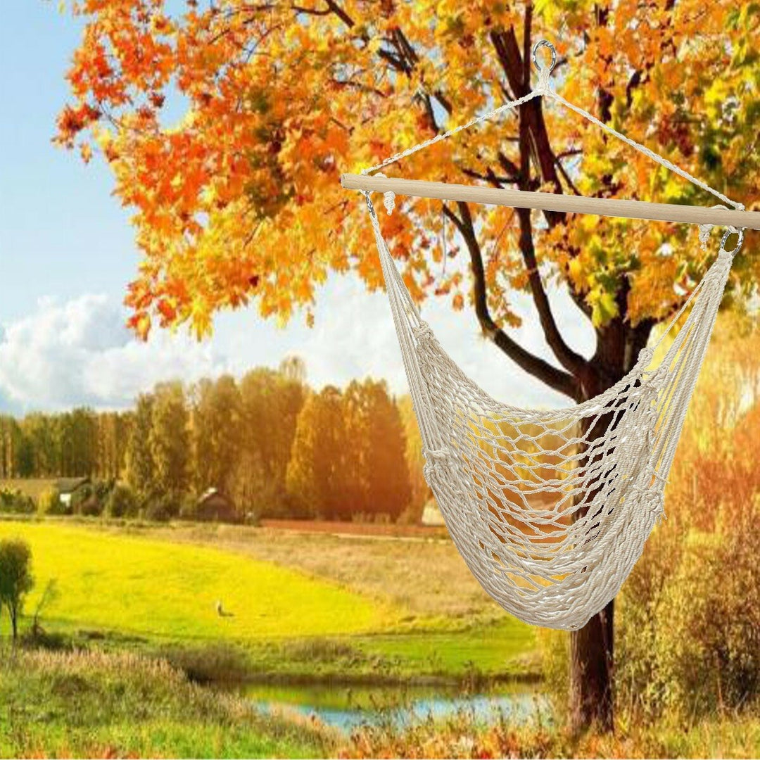 135 x 90CM Portable Outdoor Swing Cotton Hammock Chair Wooden Bar Hanging Rope Chair For Garden Patio Yard Porch Image 5