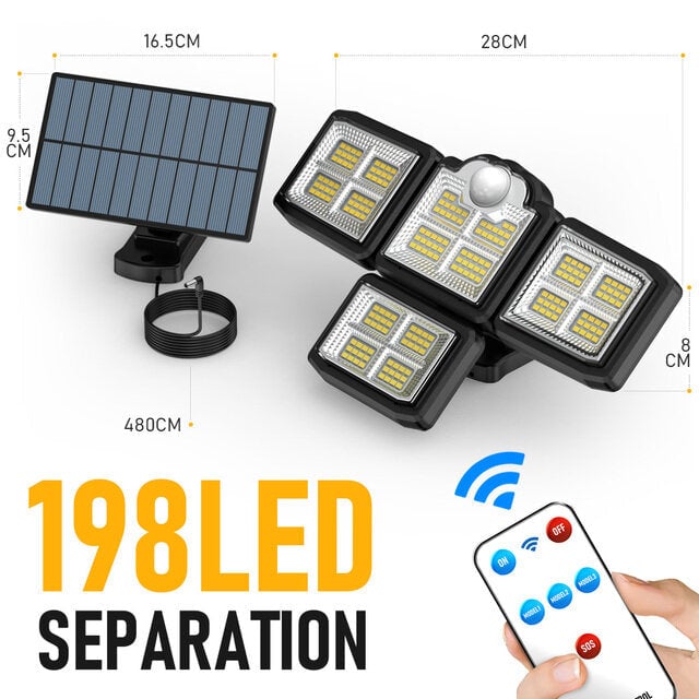 192/198 LED COB Outdoor Solar Lights 4 Head Motion Sensor 270 Wide Angle Lighting Waterproof Remote Control Solar Garden Image 1