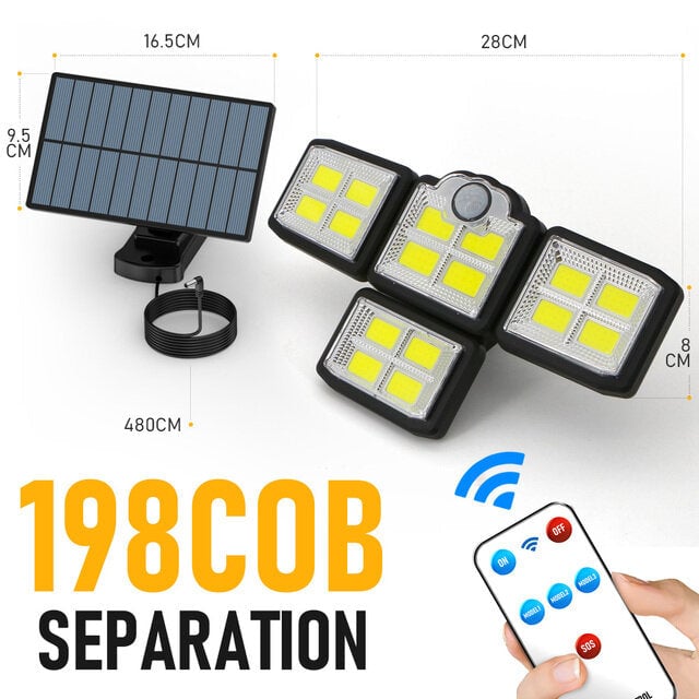 192/198 LED COB Outdoor Solar Lights 4 Head Motion Sensor 270 Wide Angle Lighting Waterproof Remote Control Solar Garden Image 1