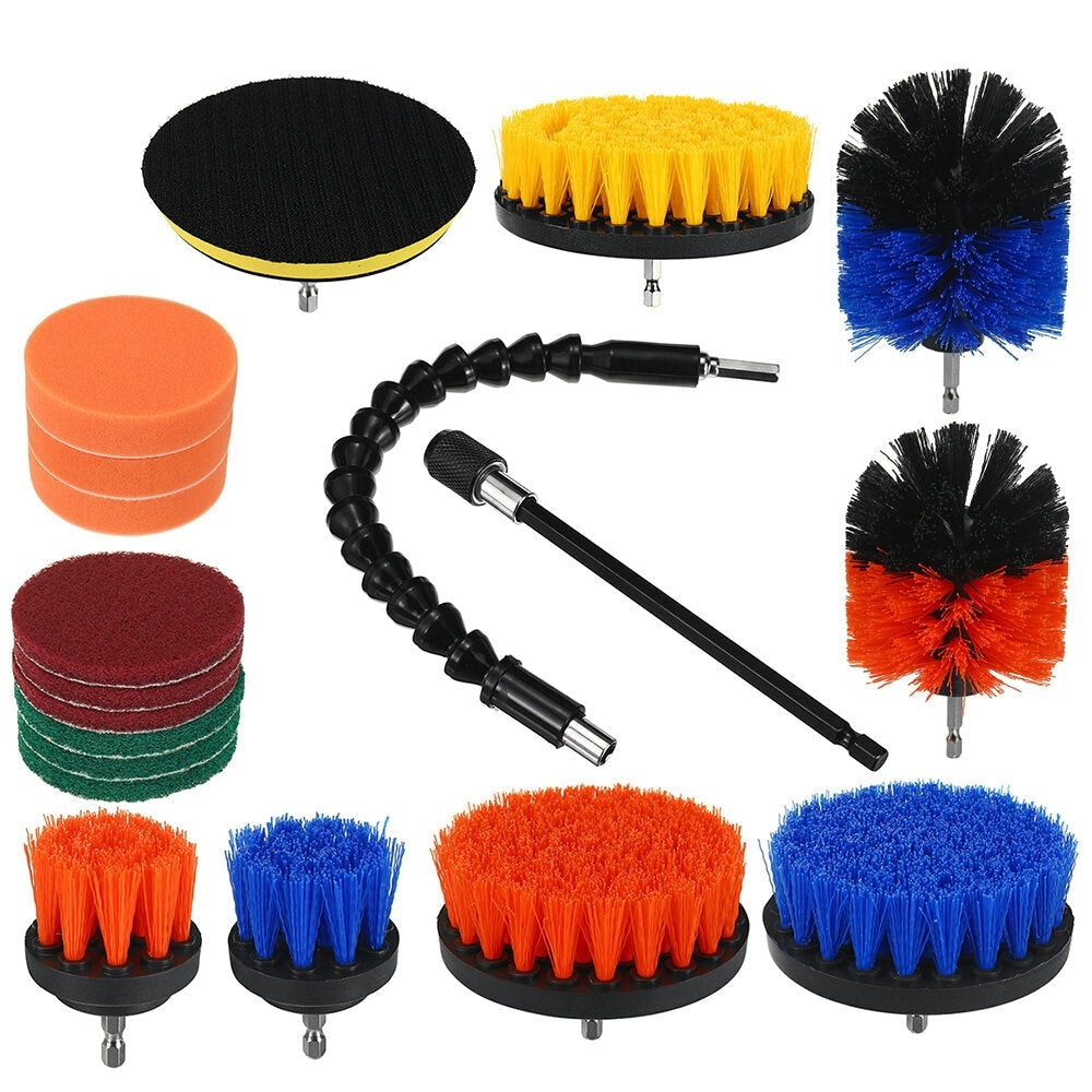 19pcs Drill Scrubber Cleaning Drill Brush Set with Sponge Extension Rod for Car Kitchen Grill Tile Toilet Bathroom Image 1