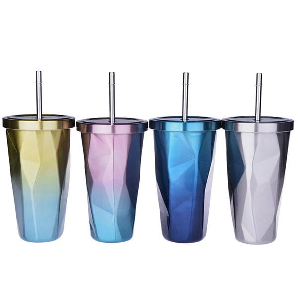 473L Stainless Steel Cups Gradient Color Diamond Double Wall Travel Water Bottles with Straw Image 1