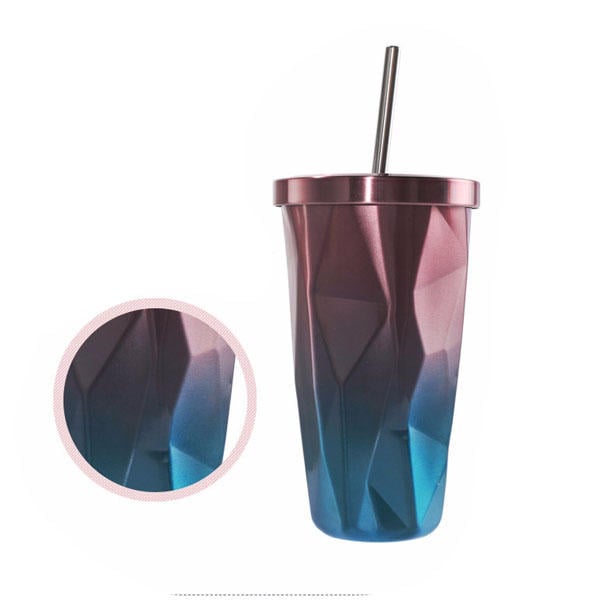 473L Stainless Steel Cups Gradient Color Diamond Double Wall Travel Water Bottles with Straw Image 3