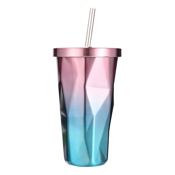 473L Stainless Steel Cups Gradient Color Diamond Double Wall Travel Water Bottles with Straw Image 10