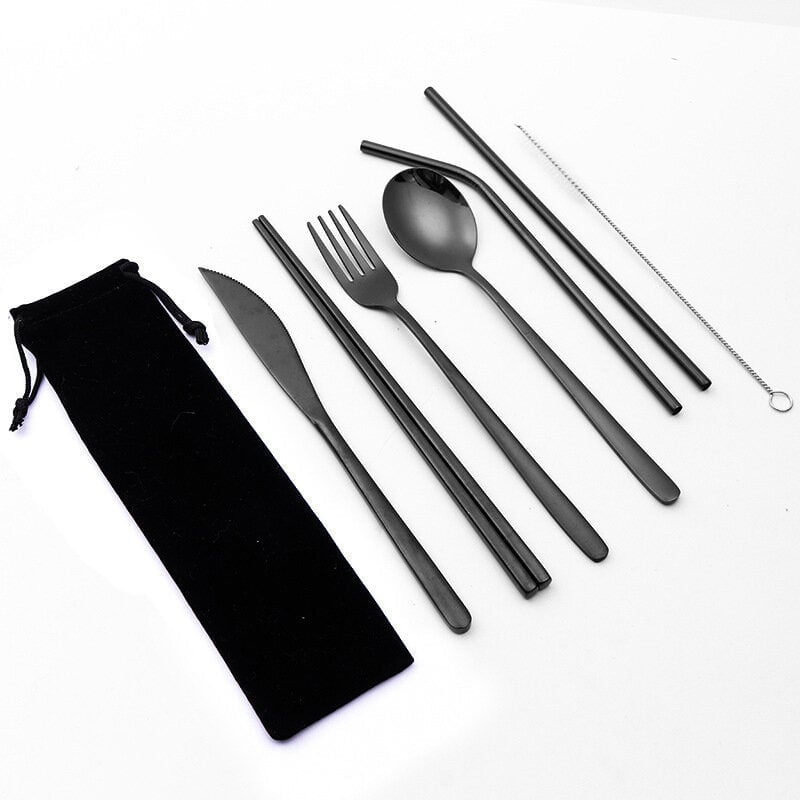 7 Pcs Tableware Set Stainless Steel Fork Spoon Knife Chopsticks Straw Brush Portable Flatware Outdoor Camping Picnic Image 1