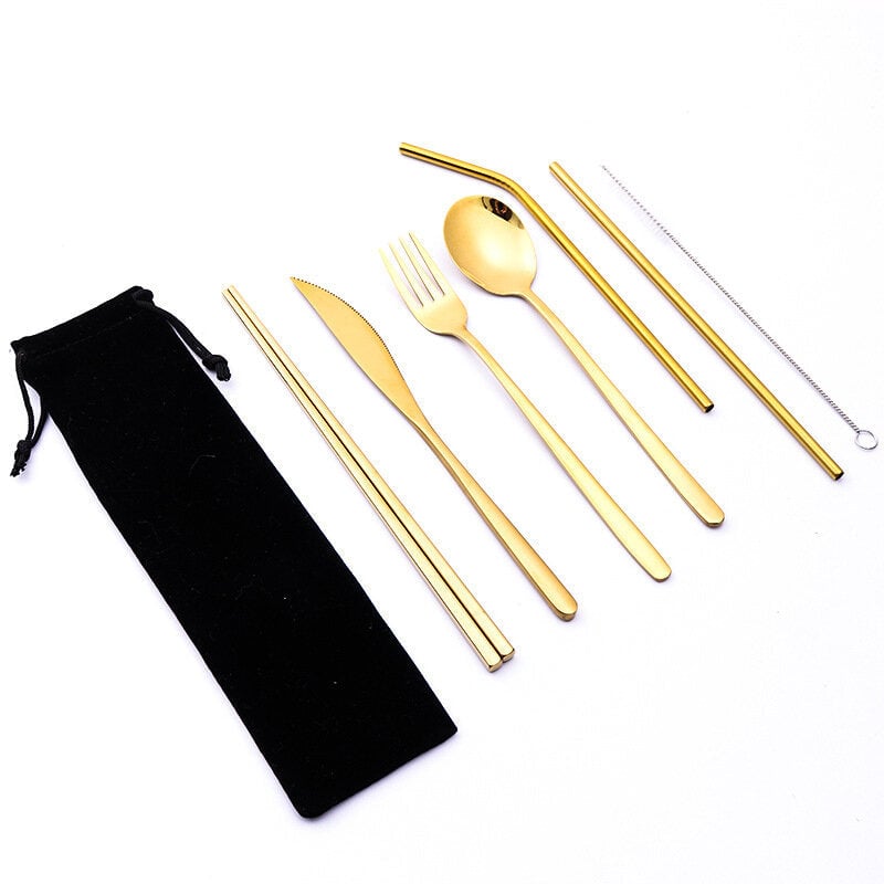 7 Pcs Tableware Set Stainless Steel Fork Spoon Knife Chopsticks Straw Brush Portable Flatware Outdoor Camping Picnic Image 1