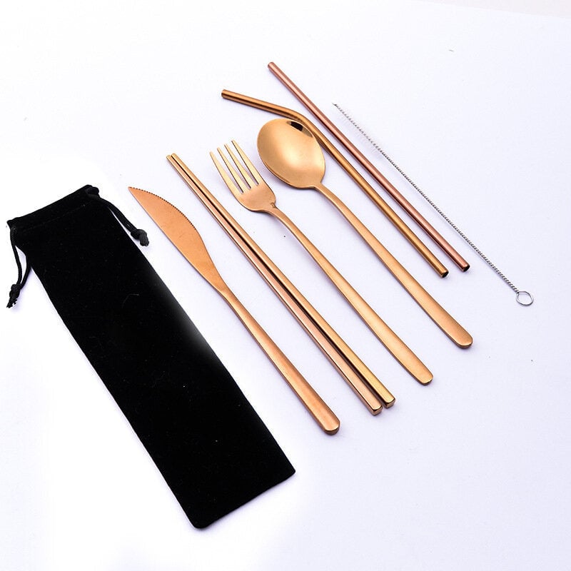 7 Pcs Tableware Set Stainless Steel Fork Spoon Knife Chopsticks Straw Brush Portable Flatware Outdoor Camping Picnic Image 1