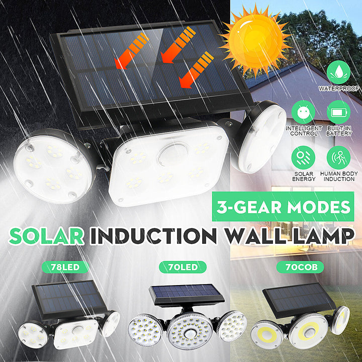 70COB/70LED/78LED Solar Motion Sensor Light Outdoor 3-Head Security Wall Lamp Floodlight Waterproof Image 3