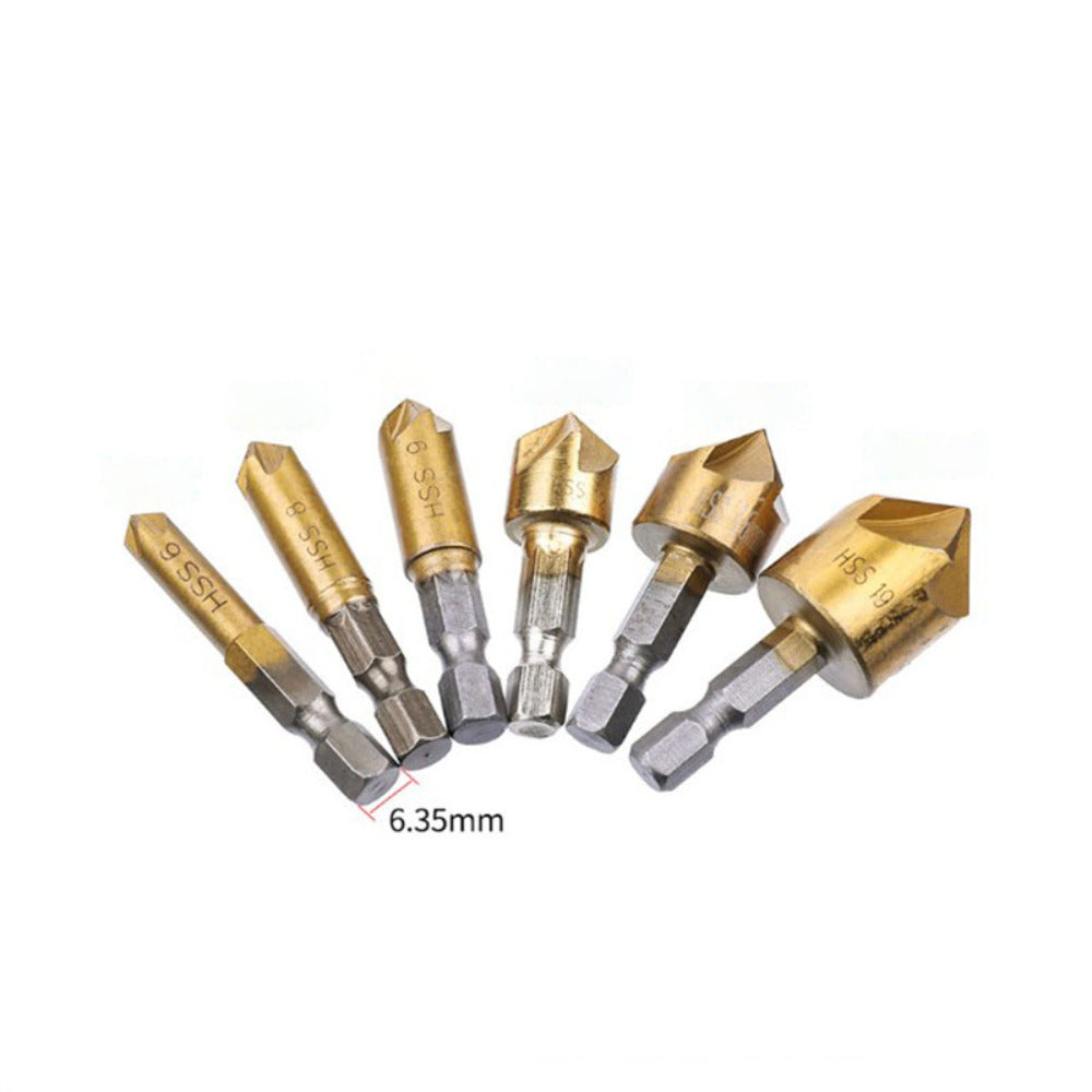 8Pcs Hexagonal Handle Titanium Plated Five-edge Chamfering Knife Reaming Chamferer Shaving Auger Hole Opening Set Image 3