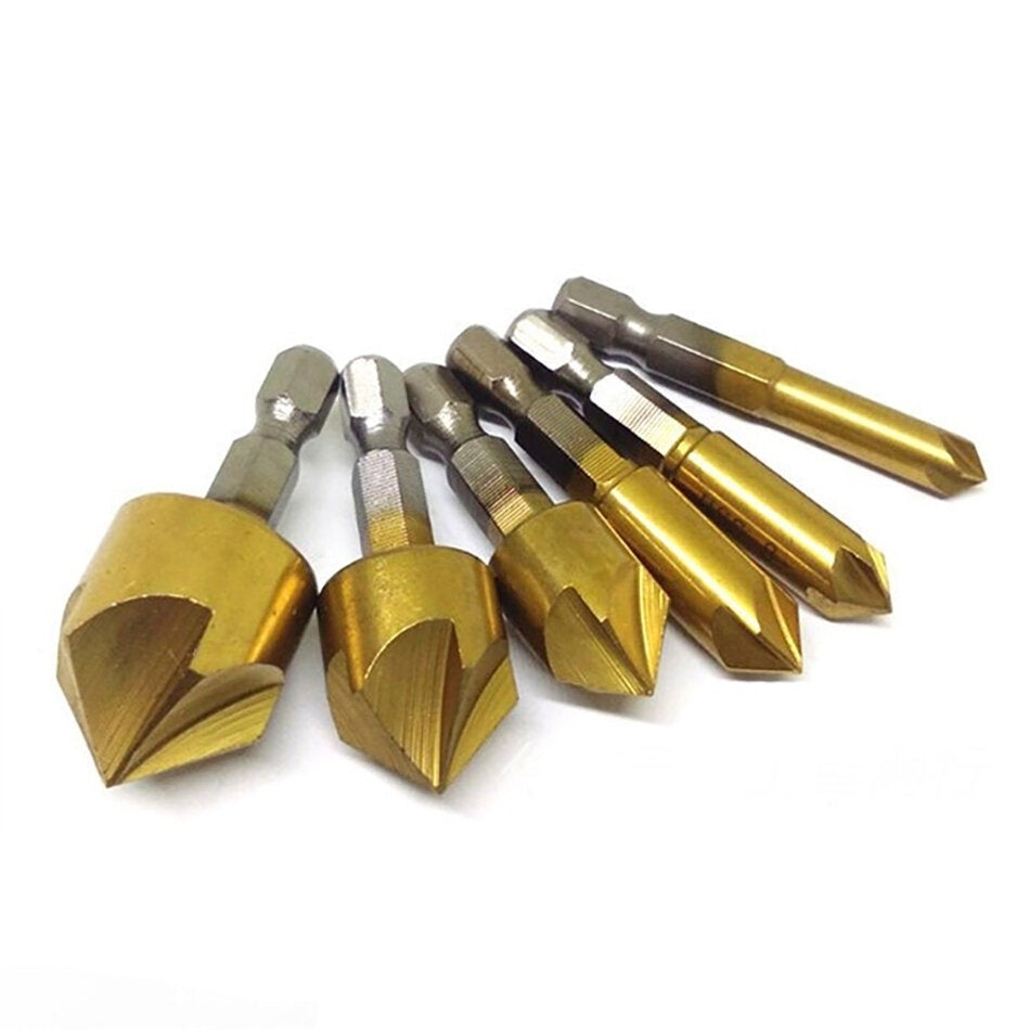 8Pcs Hexagonal Handle Titanium Plated Five-edge Chamfering Knife Reaming Chamferer Shaving Auger Hole Opening Set Image 4