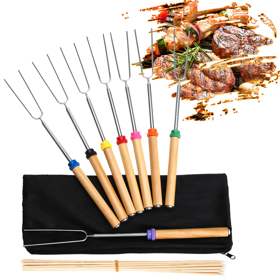 8PCS Roasting Sticks Telescoping 12"-32" Smore Sticks Skewers Set with Wooden Handle for BBQ Hot Dog Fork Fire Pit Image 1