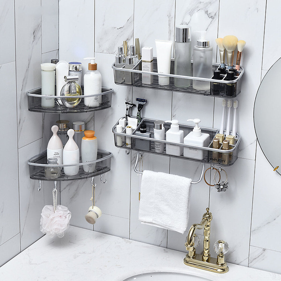 Bathroom Triangular Shower Shelf Corner Bath Storage Holder Rack With Hooker Image 1