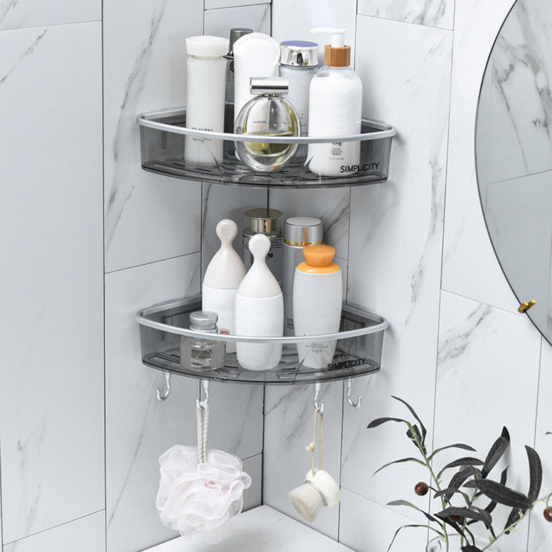 Bathroom Triangular Shower Shelf Corner Bath Storage Holder Rack With Hooker Image 2