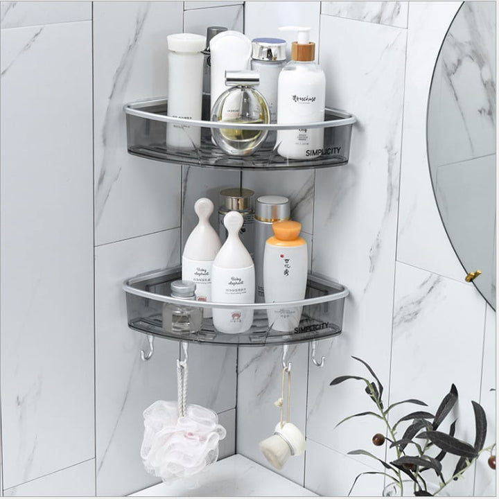 Bathroom Triangular Shower Shelf Corner Bath Storage Holder Rack With Hooker Image 1