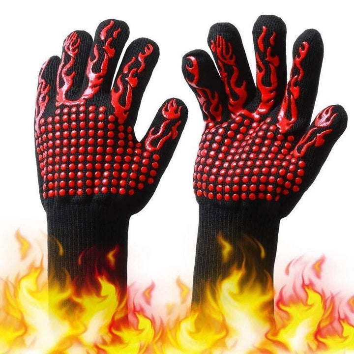 Barbecue Gloves with Silicone Anti-slip Stripe Heat Proof Oven 500~800 Resistant Grill Image 4