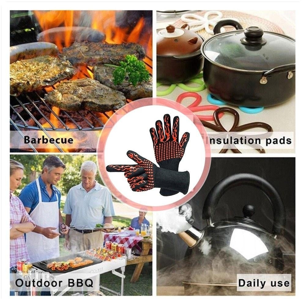 Barbecue Gloves with Silicone Anti-slip Stripe Heat Proof Oven 500~800 Resistant Grill Image 7