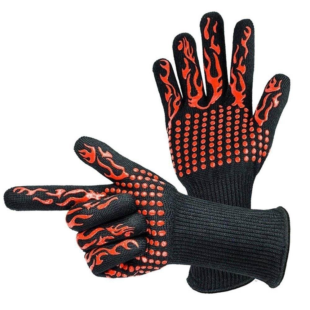 Barbecue Gloves with Silicone Anti-slip Stripe Heat Proof Oven 500~800 Resistant Grill Image 8