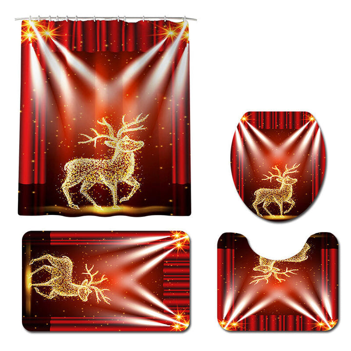 Christmas Elk Waterproof Shower Curtain Set Anti-slip Non-toxic Toilet Rug Mat Toilet Lid Cover Set Image 1