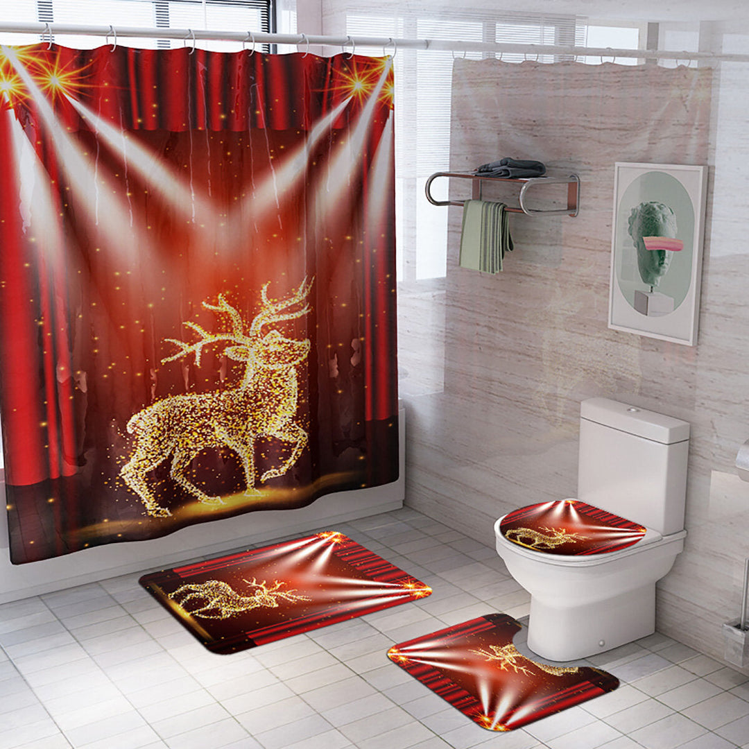 Christmas Elk Waterproof Shower Curtain Set Anti-slip Non-toxic Toilet Rug Mat Toilet Lid Cover Set Image 2