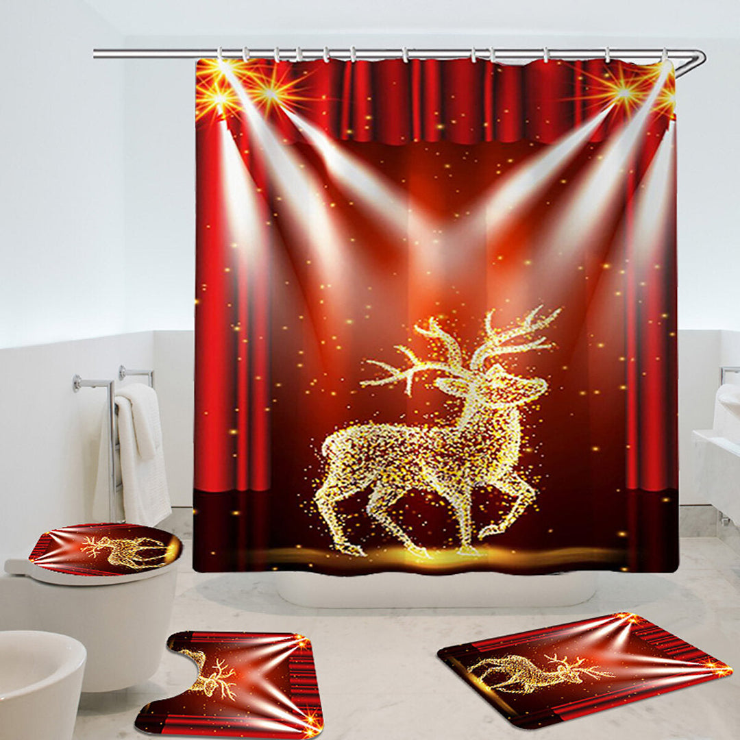 Christmas Elk Waterproof Shower Curtain Set Anti-slip Non-toxic Toilet Rug Mat Toilet Lid Cover Set Image 3