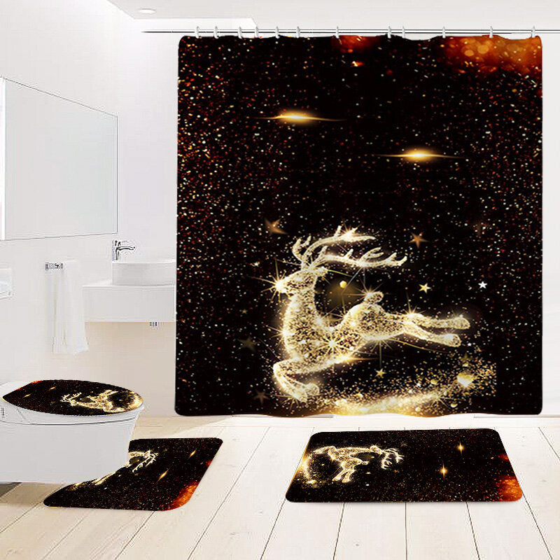 Christmas Elk Waterproof Shower Curtain Set Anti-slip Non-toxic Toilet Rug Mat Toilet Lid Cover Christmas Decoration Set Image 1