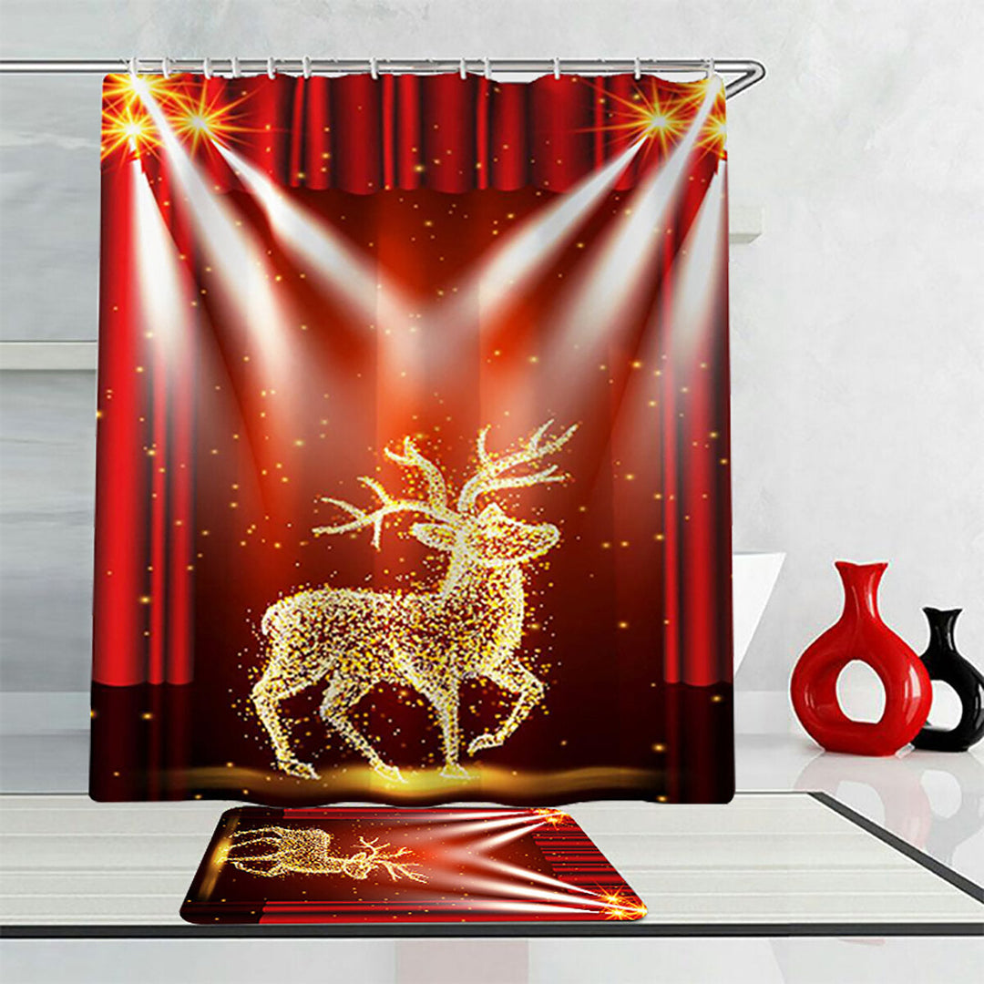 Christmas Elk Waterproof Shower Curtain Set Anti-slip Non-toxic Toilet Rug Mat Toilet Lid Cover Set Image 4