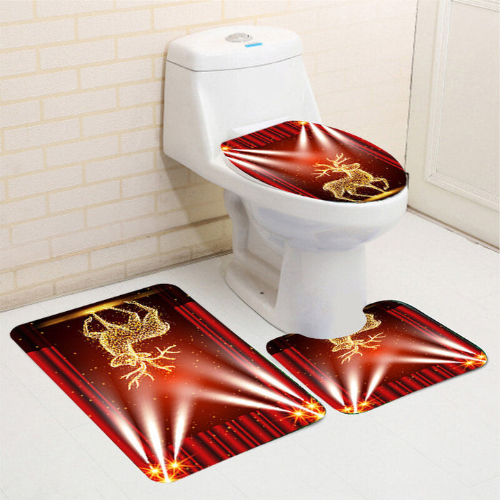 Christmas Elk Waterproof Shower Curtain Set Anti-slip Non-toxic Toilet Rug Mat Toilet Lid Cover Set Image 5