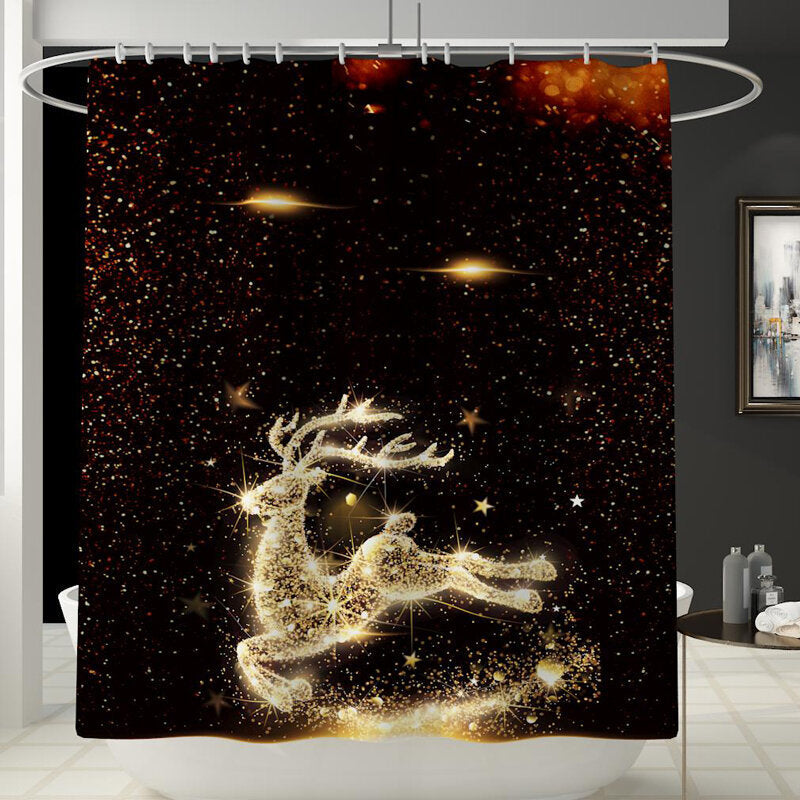 Christmas Elk Waterproof Shower Curtain Set Anti-slip Non-toxic Toilet Rug Mat Toilet Lid Cover Christmas Decoration Set Image 3