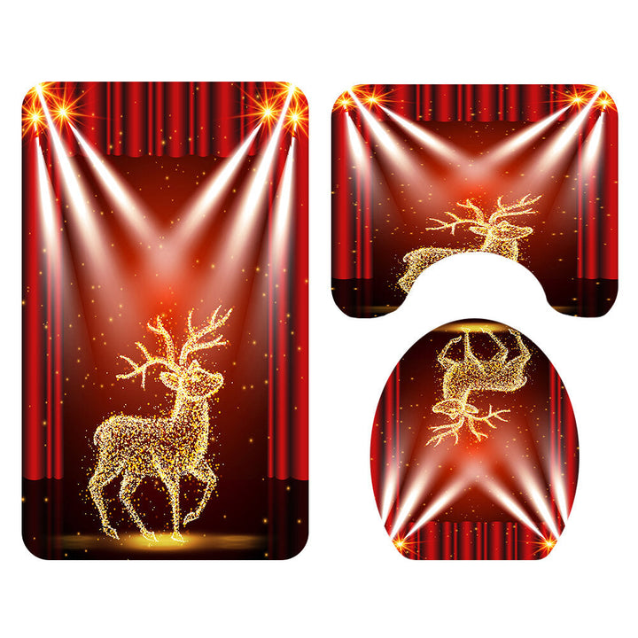 Christmas Elk Waterproof Shower Curtain Set Anti-slip Non-toxic Toilet Rug Mat Toilet Lid Cover Set Image 7