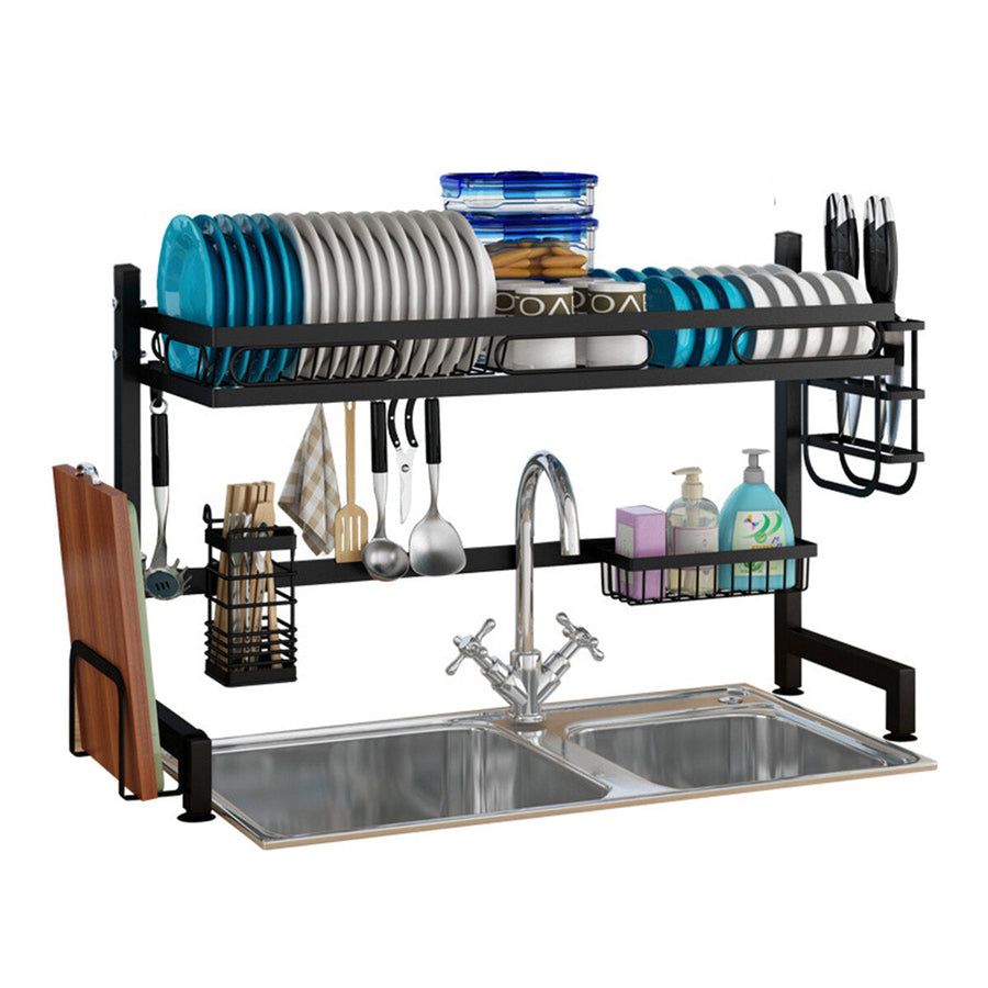 Kitchen Tableware Storage Rack Multi-functional Dish Drain Rack Plastic Steel and Wood Tool Holder Image 1