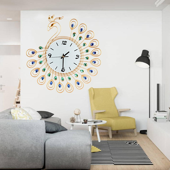 Large 3D Gold Diamond Peacock Wall Clock Metal Watch For Home Living Room Decoration DIY Clocks Crafts Ornaments Gift Image 4