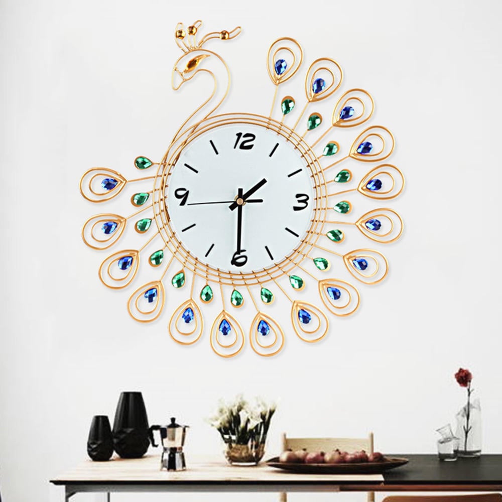 Large 3D Gold Diamond Peacock Wall Clock Metal Watch For Home Living Room Decoration DIY Clocks Crafts Ornaments Gift Image 5