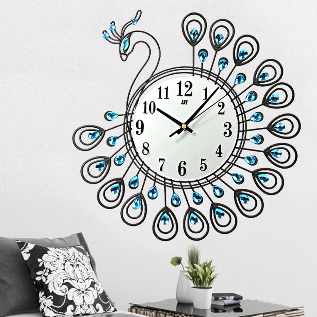 Large 3D Gold Diamond Peacock Wall Clock Metal Watch For Home Living Room Decoration DIY Clocks Crafts Ornaments Gift Image 6