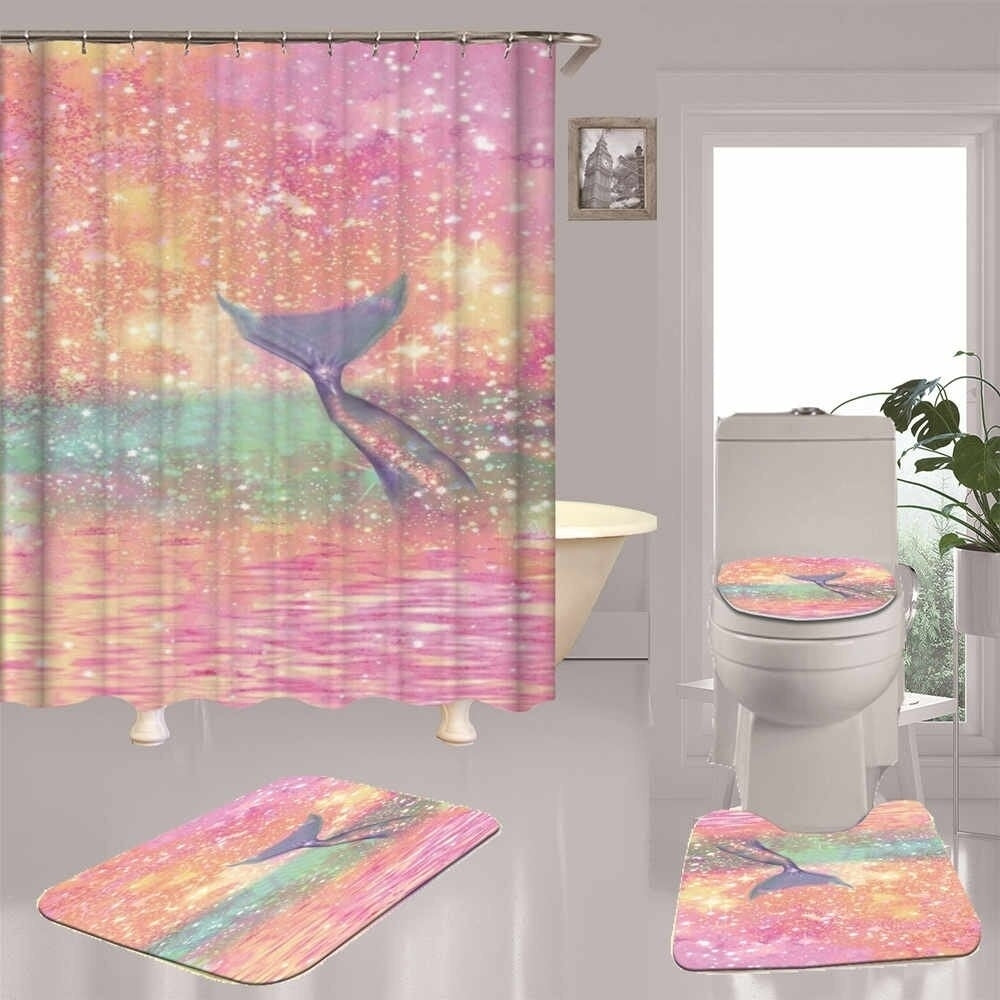 Mermaid Tail Print Bathroom Shower Curtain Toilet Lid Cover Bath Mat Set Image 1