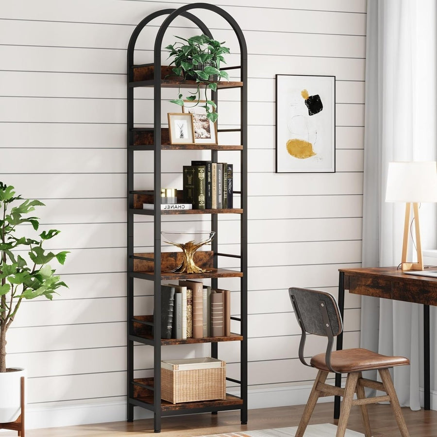 Tribesigns 6-Tier Open Bookshelf, 78.7" Tall Arched Bookcase Narrow Bookshelf with Metal Frame, Freestanding Corner Image 1