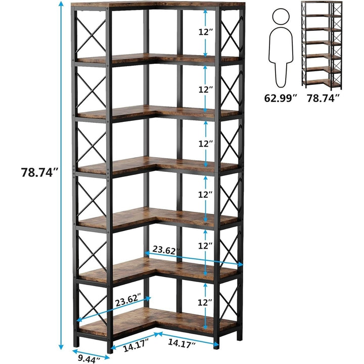 Tribesigns 7-Shelf Corner Bookshelf Large Black Metal Wood Storage Display Rack Image 3