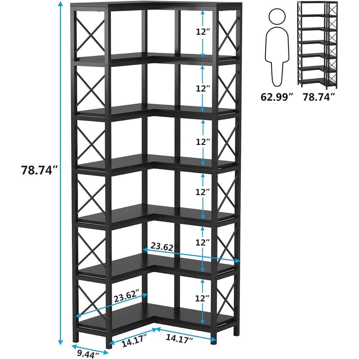 Tribesigns 7-Shelf Corner Bookshelf Large Black Metal Wood Storage Display Rack Image 9