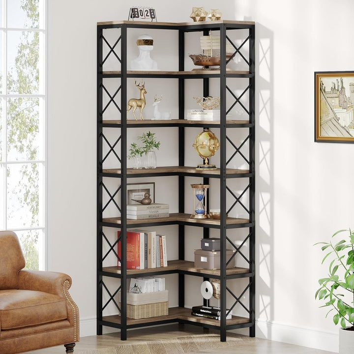 Tribesigns 7-Shelf Corner Bookshelf Large Black Metal Wood Storage Display Rack Image 10