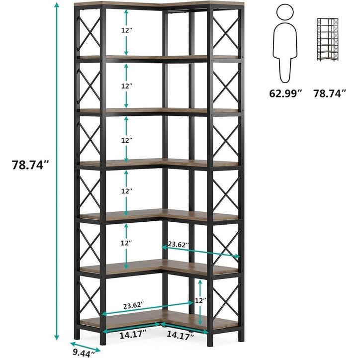 Tribesigns 7-Shelf Corner Bookshelf Large Black Metal Wood Storage Display Rack Image 12