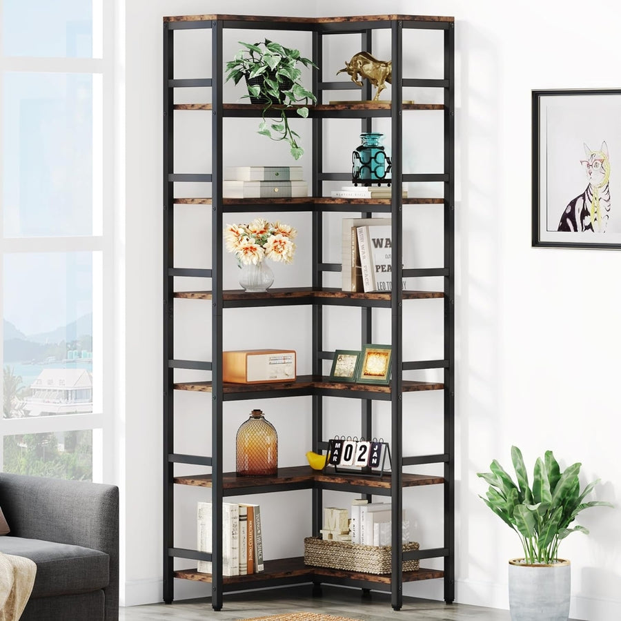 Tribesigns 78.74" Tall Corner Shelf 7 Tier Industrial Bookcase Rustic Brown Metal Image 1