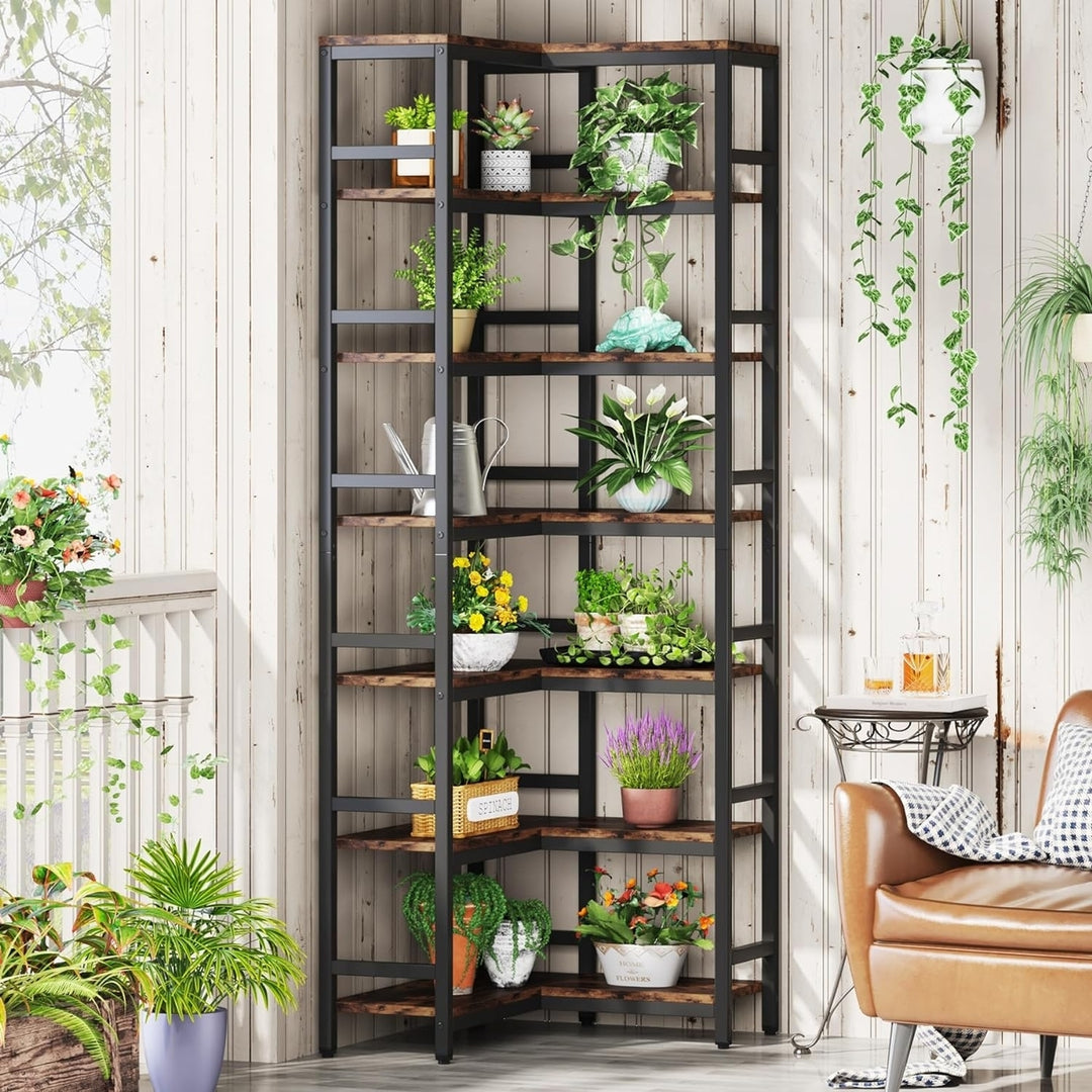 Tribesigns 78.74" Tall Corner Shelf 7 Tier Industrial Bookcase Rustic Brown Metal Image 3