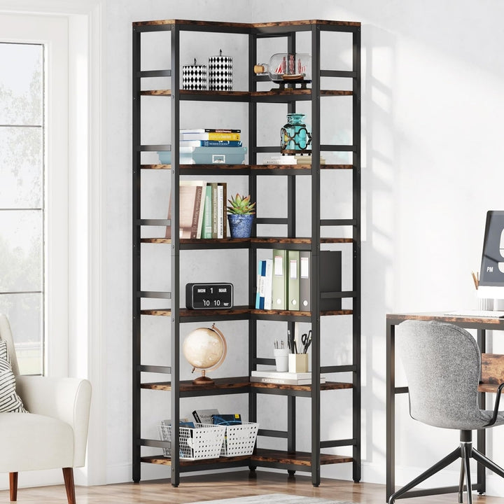 Tribesigns 78.74" Tall Corner Shelf 7 Tier Industrial Bookcase Rustic Brown Metal Image 5