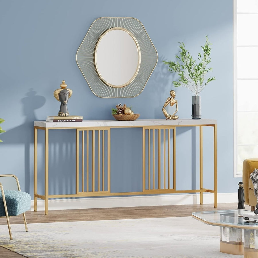 Tribesigns 70.9 Inch Extra Long Console Table Sofa Table White and Gold Entryway Table Narrow Long Hallway Table Image 1