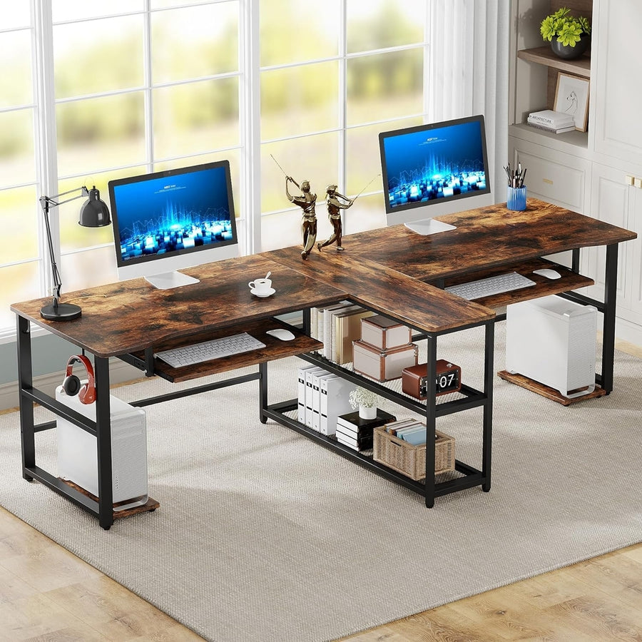 Tribesigns 94.5 Inch Two Person Desk with Keyboard Tray and Storage Shelves Image 1