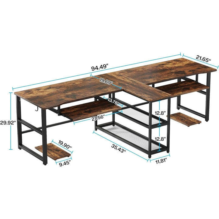 Tribesigns 94.5 Inch Two Person Desk with Keyboard Tray and Storage Shelves Image 6