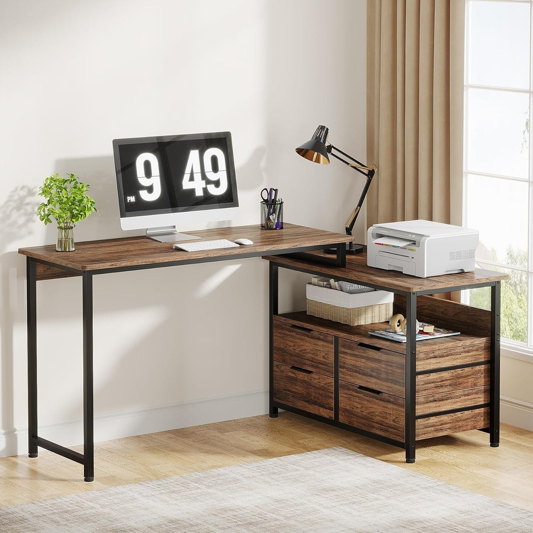 Tribesigns L-Shaped Desk with Drawers Reversible Corner Office Rustic Black Wood Image 2