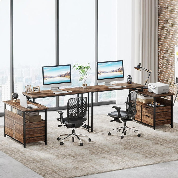 Tribesigns L-Shaped Desk with Drawers Reversible Corner Office Rustic Black Wood Image 3