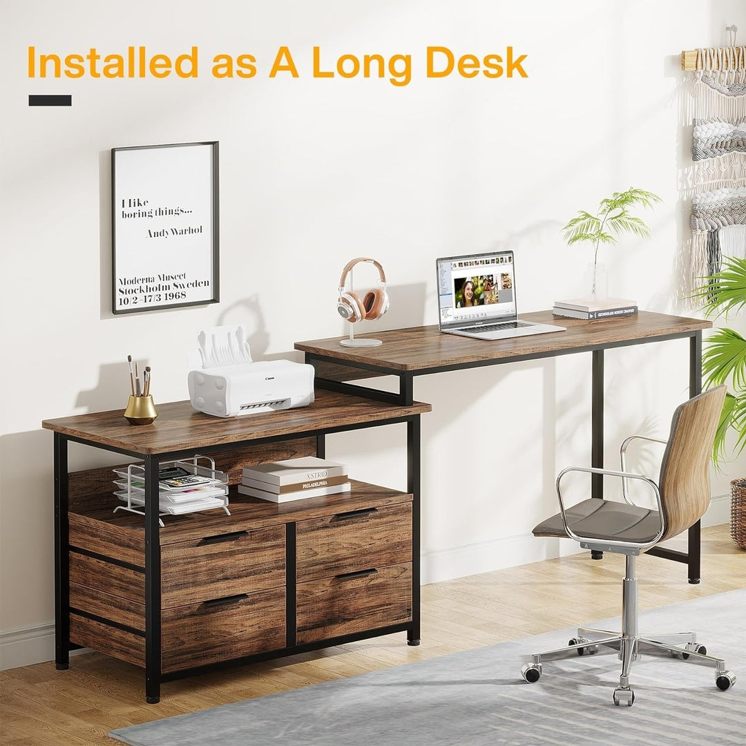 Tribesigns L-Shaped Desk with Drawers Reversible Corner Office Rustic Black Wood Image 4