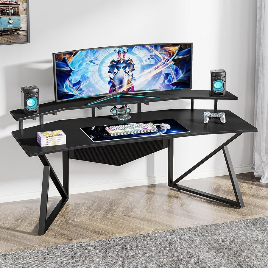 Tribesigns 70.9" Large Computer Desk Monitor Stand Black Ergonomic Gaming Studio Image 1