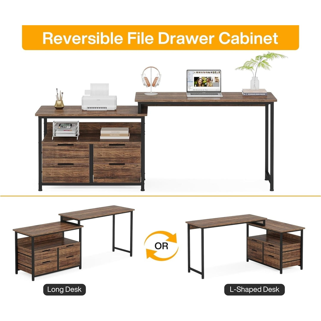 Tribesigns L-Shaped Desk with Drawers Reversible Corner Office Rustic Black Wood Image 5