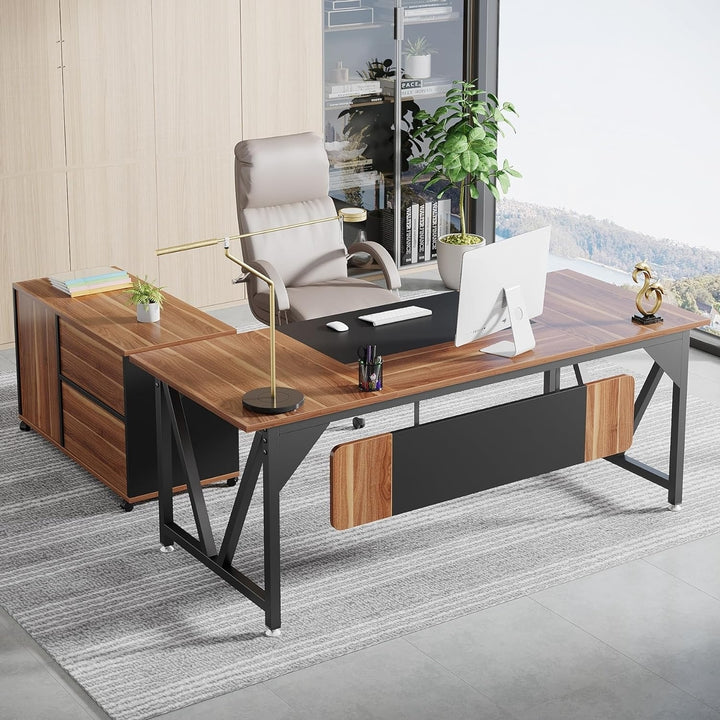 Tribesigns 70.8" Industrial L-Shaped Executive Desk with 35.4" File Cabinet Combo Image 1